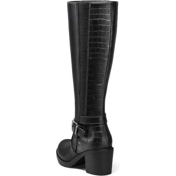 Women's Knee High Boots Chunky Block Heels Side Zipper Stretchy Elastic Panels - Picture 4 of 6